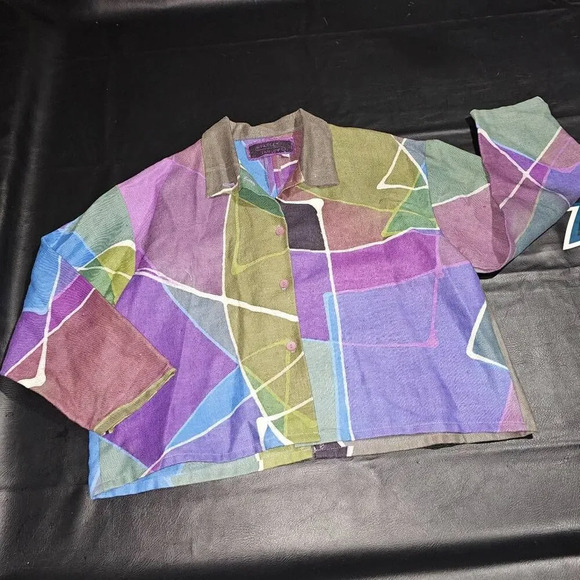 Farley Farley Womens Purple Blue Green Artsy Lagenlook Linen Abstract Jacket Med - Picture 1 of 4